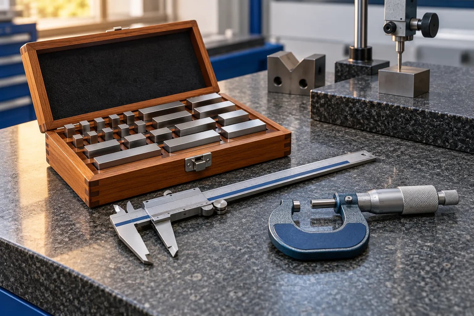 گیجبلوکهای فولادی در جعبه، کولیس و میکرومتر روی صفحه صافی آزمایشگاه اندازهگیری